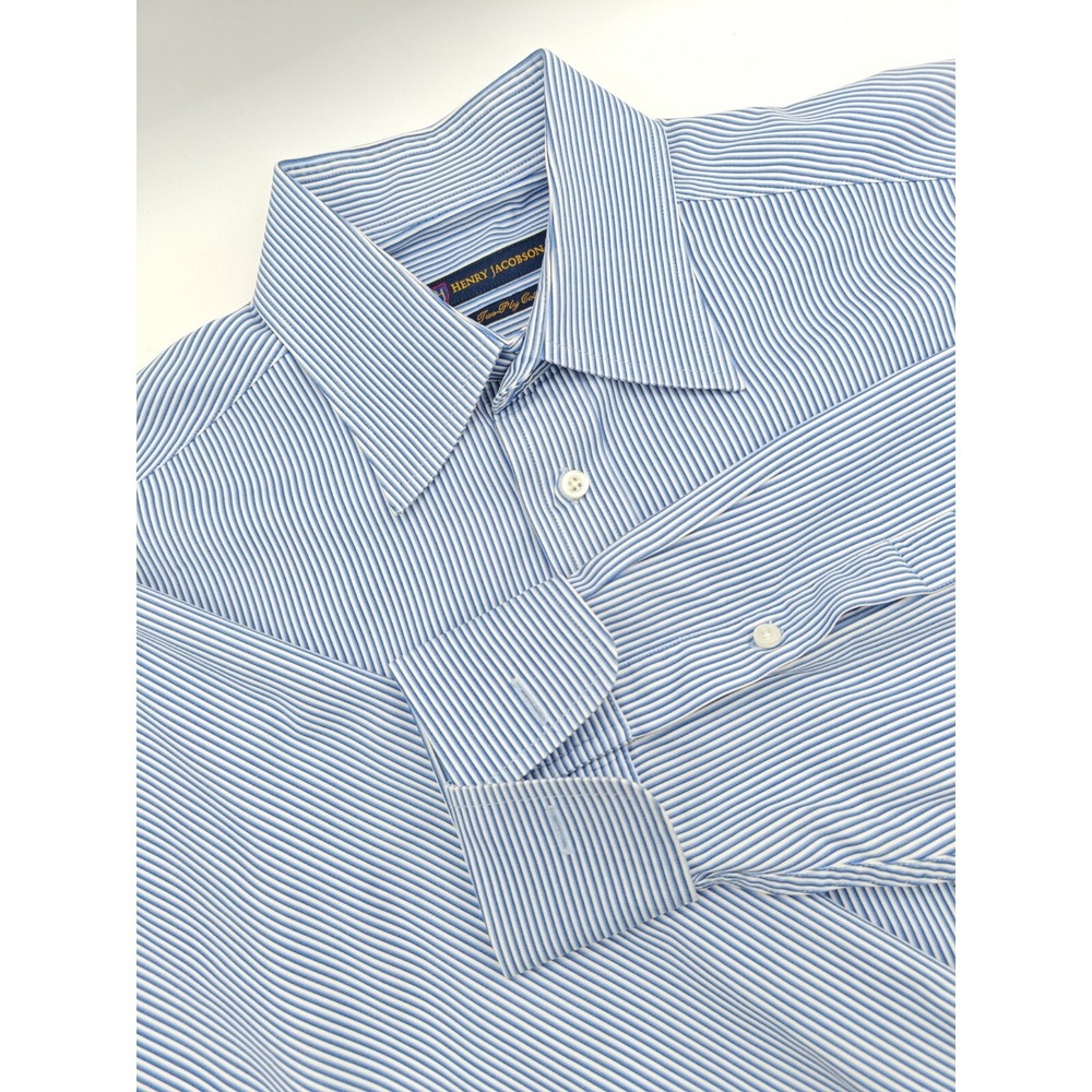 Henry Jacobson Mens 14.5x31 Blue Striped Two Ply Cotton French Cuff Dress Shirt